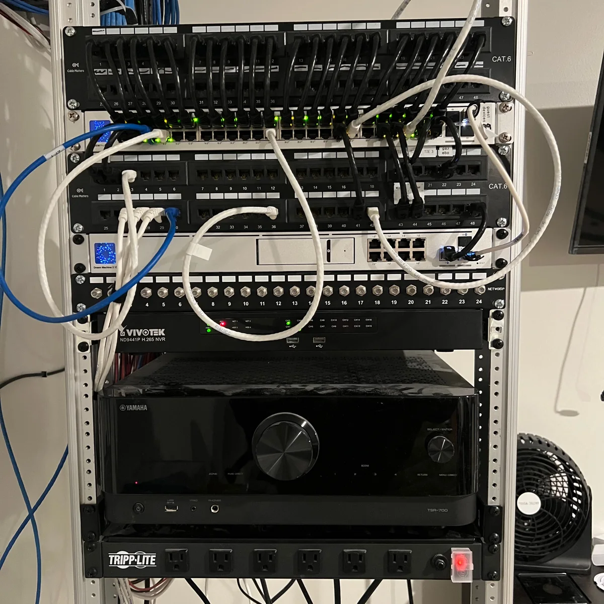 UniFi networking equipment connected to patch panels in a rack