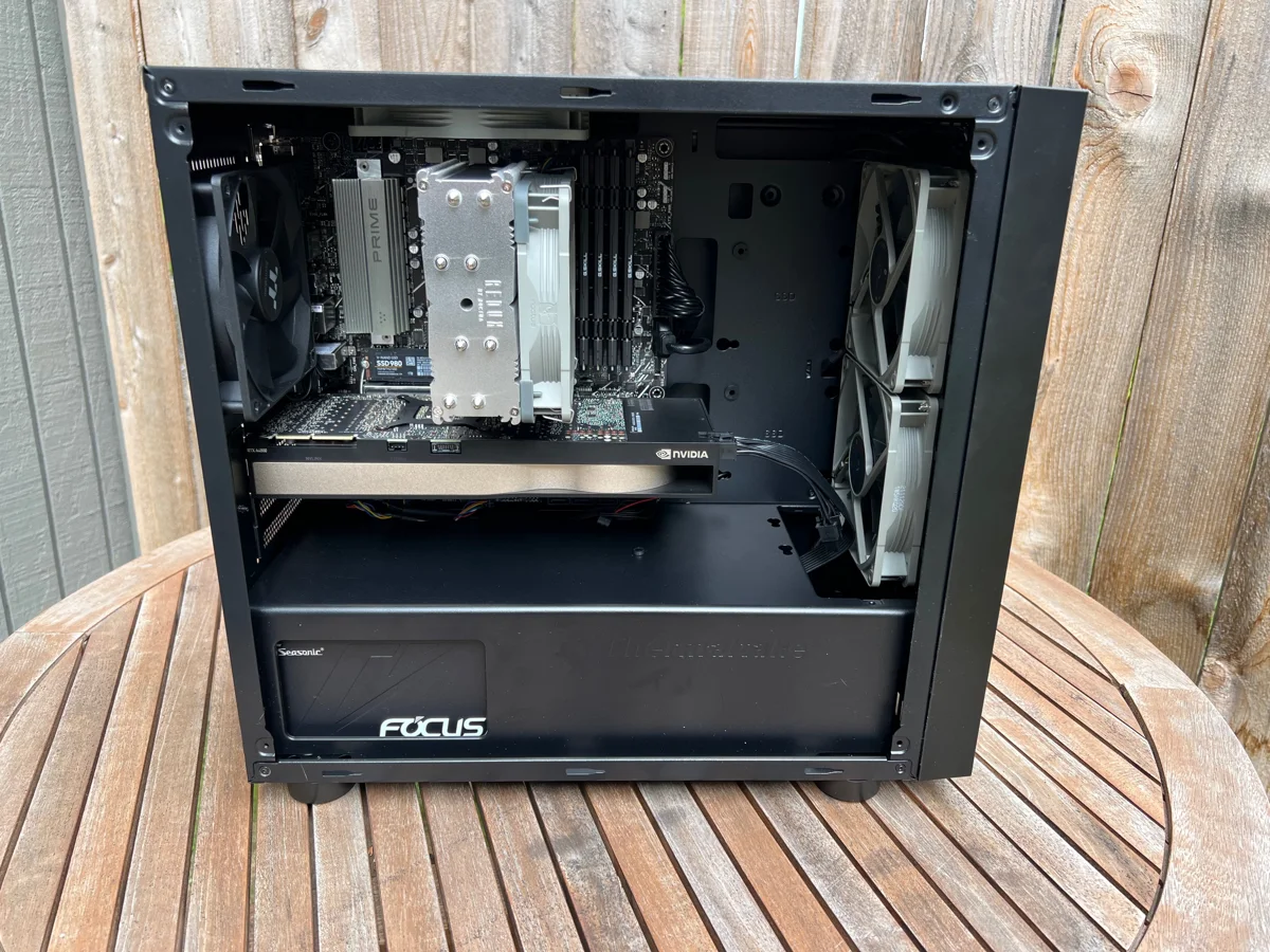 Custom workstation with its side panel removed to show the assembled components